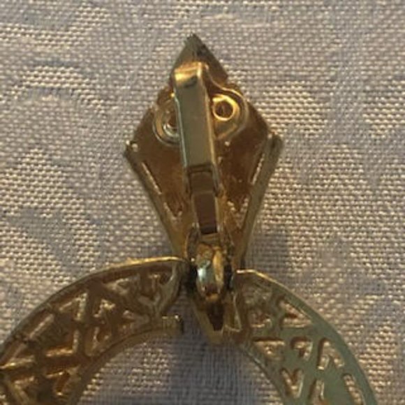 Large Round Vintage Golden Earrings with rhinestones sparkling geometric design - Picture 4 of 5